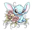 happy Stich with roses around tattoo design idea