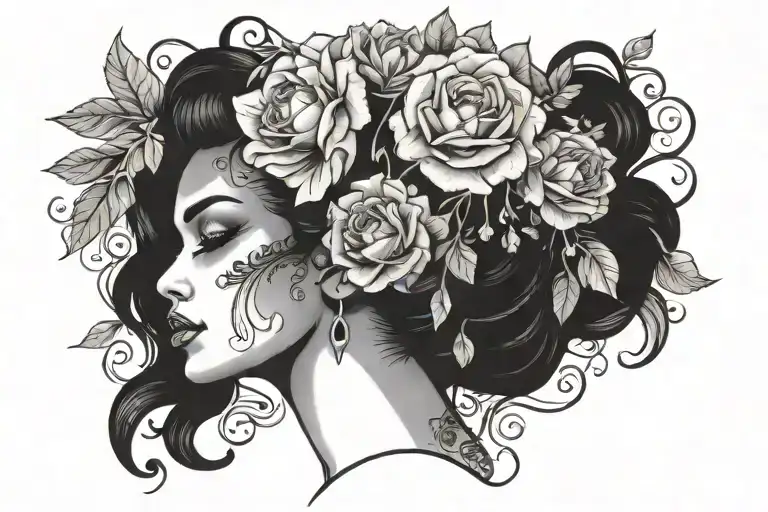 black queen with flowers around face surrounded tattoo design idea