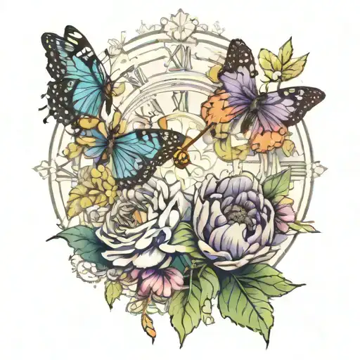 sunflower, rose, lilac, fern. peony, heart shaped clock with 1:17 in it. butterflies, ladybugs,  tattoo design idea