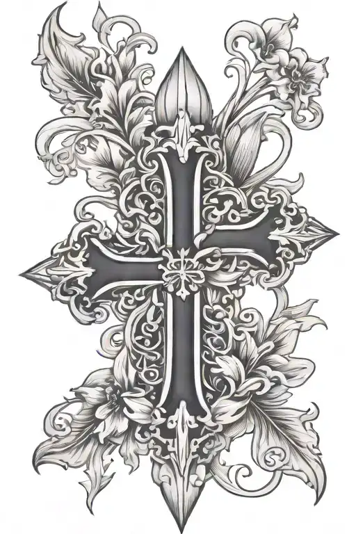 Chistian cross with french heraldic lily flower tattoo design idea