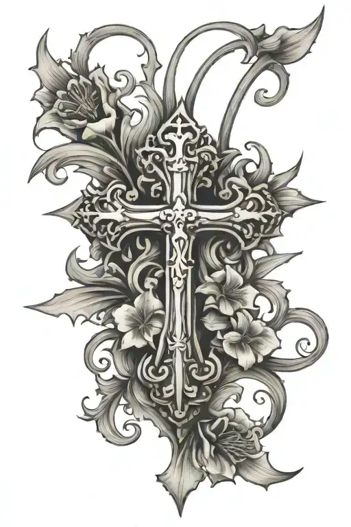 Chistian cross with french heraldic lily flower tattoo design idea
