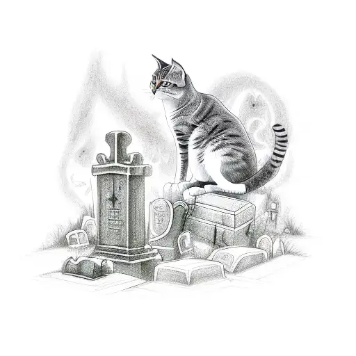 A hauntingly elegant graveyard with intricate tombstones and a solitary cat tattoo design idea