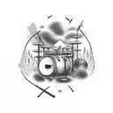 A dramatic drum set surrounded by swirling dark clouds tattoo design idea