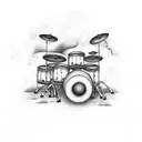 A dramatic drum set surrounded by swirling dark clouds tattoo design idea