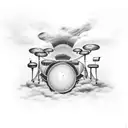 A dramatic drum set surrounded by swirling dark clouds tattoo design idea
