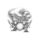 A dramatic drum set surrounded by swirling dark clouds tattoo design idea