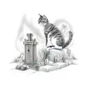 A hauntingly elegant graveyard with intricate tombstones and a solitary cat tattoo design idea