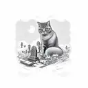 A hauntingly elegant graveyard with intricate tombstones and a solitary cat tattoo design idea