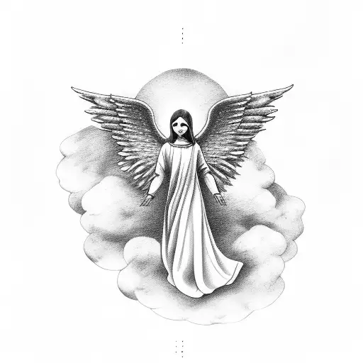 angel on clouds praying and looking down tattoo design idea