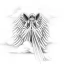 angel on clouds praying and looking down tattoo design idea