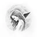 angel on clouds praying and looking down tattoo design idea