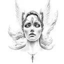 angel on clouds praying and looking down tattoo design idea