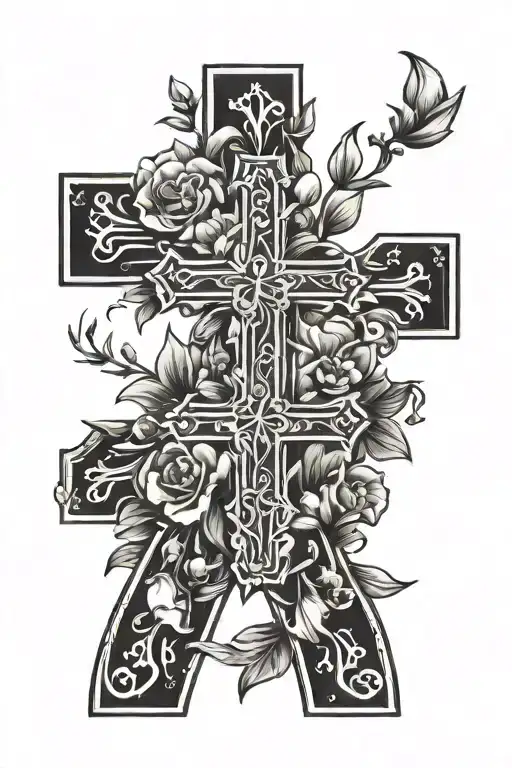 western christian cross with flowers tattoo design idea