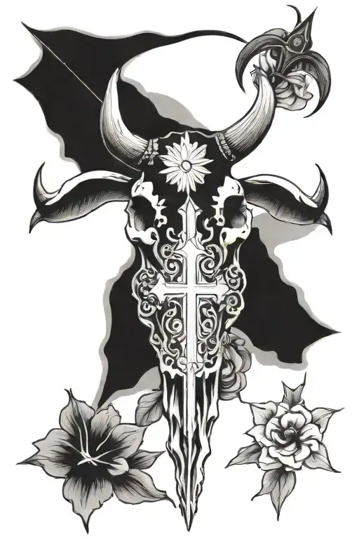 western bull skull christian cross with flowers  tattoo design idea