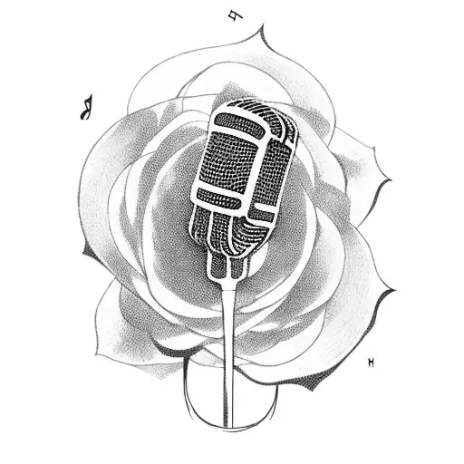 A microphone surrounded with roses and musical notes tattoo design idea