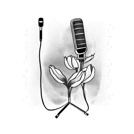 microphone and guitar with tulips and musical notes tattoo design idea