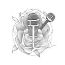 A microphone surrounded by roses and musical notes tattoo design idea
