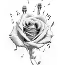 A microphone surrounded with roses and musical notes tattoo design idea