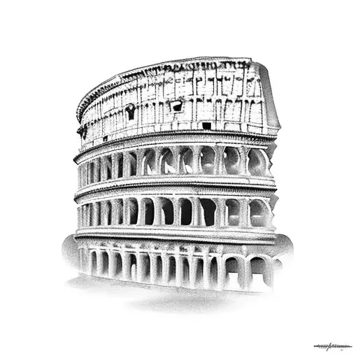 A black-grey tattoo of the Colosseum in Rome at sunset, capturing the client's fascination with Italy's rich history and architecture. tattoo design idea