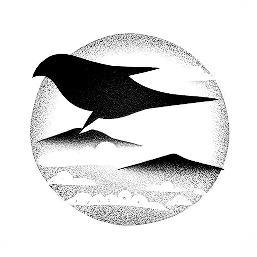 rolling hills with small bird flying in the background  tattoo design idea
