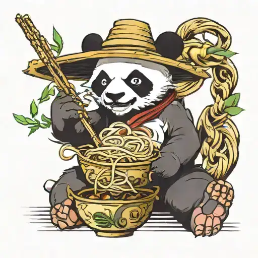 graphic panda wearing a woven bamboo hat, high kicking, holding chopsticks and a bowl of noodles in the other hand  tattoo design idea