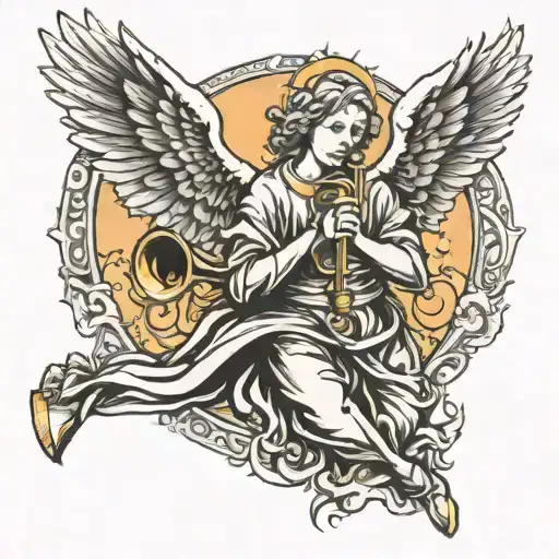 Angel with sun and holding a trumpet tattoo design idea
