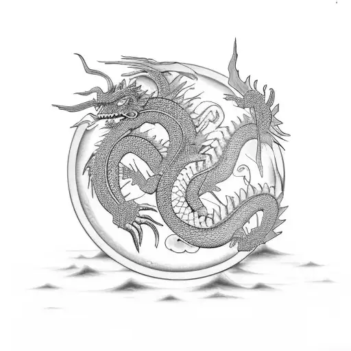 shen long  dragon ball saliendo del agua montañas japonesas detras tattoo design idea