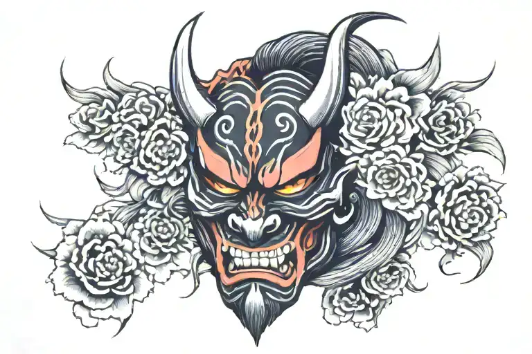 simitrical demon oni mask, left of mask is full black and with and right of mask is full colors and flowers . tattoo design idea