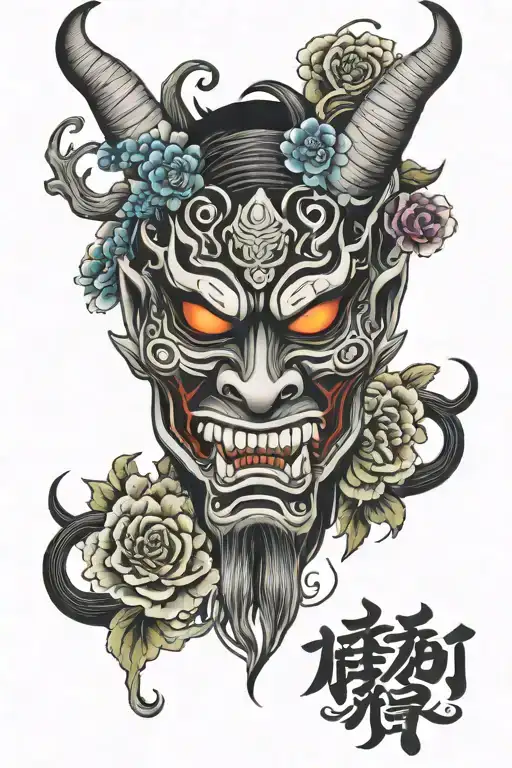 symmetrical demon oni mask, left of mask is full black and with and right of mask is full colors and flowers. tattoo design idea