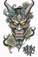 symmetrical demon oni mask, left of mask is full black and with and right of mask is full colors and flowers. tattoo design idea