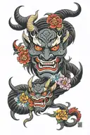 symmetrical demon oni mask, left of mask is full black and with and right of mask is full colors and flowers. tattoo design idea