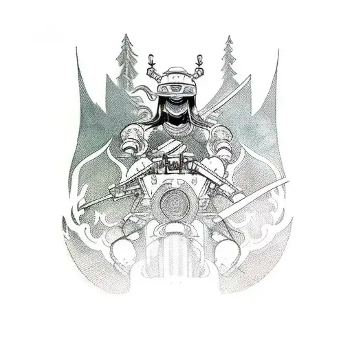 A futuristic warrior riding a BMW motorcycle through a fantasy landscape tattoo design idea