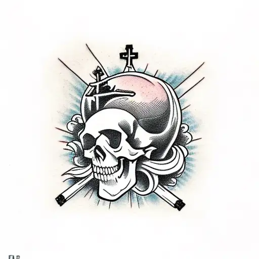 Burning church on a skull tattoo design idea