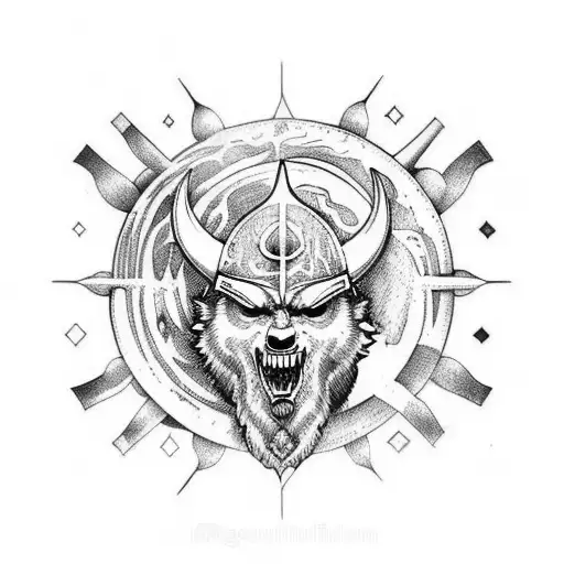 Viking spinal, momento mori at the top wolves on the side chasing sun and moon  tattoo design idea