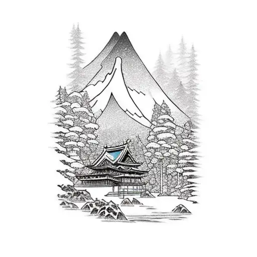 A dreamy vacation scene with mountains, waterfalls, and a cozy cabin nestled in the woods tattoo design idea