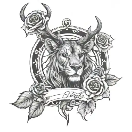 infinite with roses a deer head mixed with a lion head a belote game and an accordion tattoo design idea
