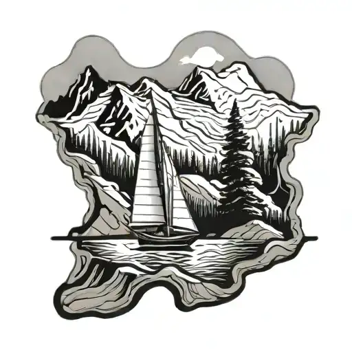 A sleek sailboat sailing through the Rocky Mountains tattoo design idea