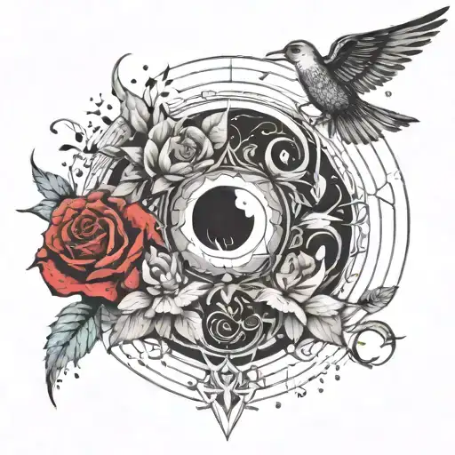 Sun and Moon bound in water and fire. with birds flying from one side to the other also in fire and water. rose flowers tattoo design idea