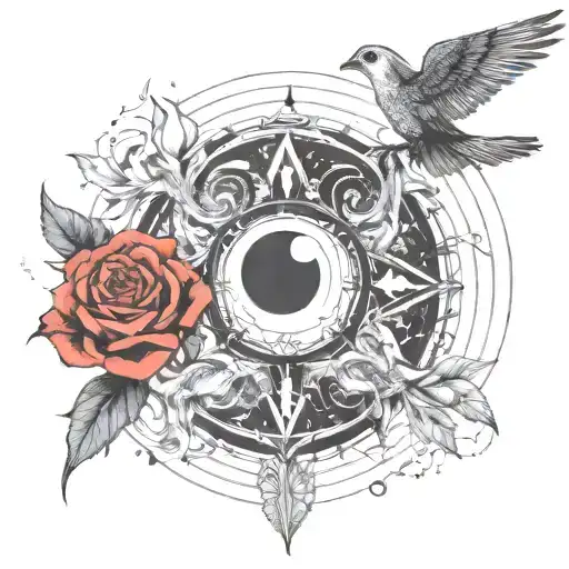 Sun and Moon bound in water and fire. with birds flying from one side to the other also in fire and water. rose flowers tattoo design idea