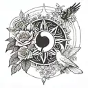 Sun and Moon bound in water and fire. with birds flying from one side to the other also in fire and water. rose flowers tattoo design idea