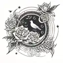 Sun and Moon bound in water and fire. with birds flying from one side to the other also in fire and water. rose flowers tattoo design idea