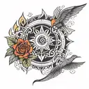 Sun and Moon bound in water and fire. with birds flying from one side to the other also in fire and water. rose flowers tattoo design idea