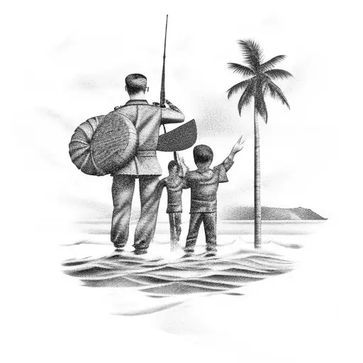 Father and son army salute with a palm tree and ocean waves in the background tattoo design idea