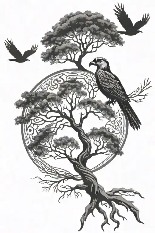 tree of life with silhouette of quetzal flying tattoo design idea