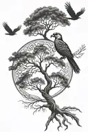 tree of life with silhouette of quetzal flying tattoo design idea