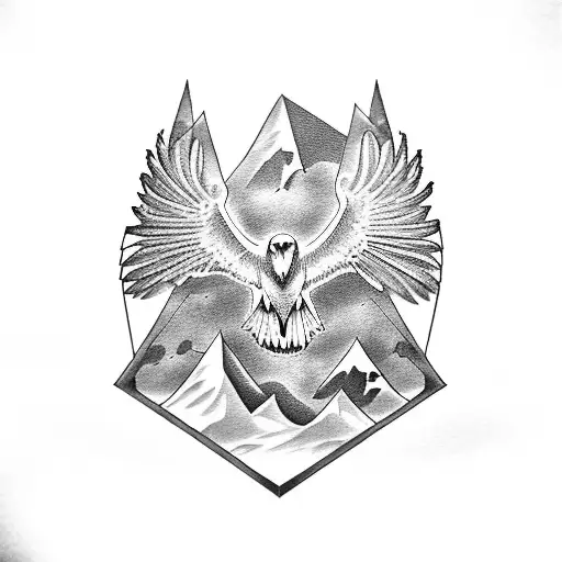 A stunning black and grey tattoo of a soaring eagle above a mountain range tattoo design idea