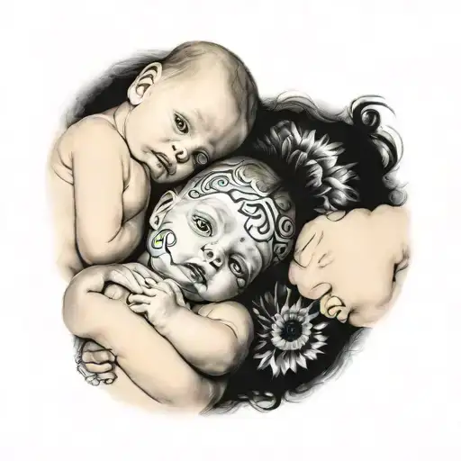 sweet petite pretty little premature white skin twin baby girls, big blue eyes, memorial, embracing tattoo design idea