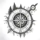 A detailed blackwork tattoo of a compass surrounded by trees and stars tattoo design idea