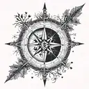 A detailed blackwork tattoo of a compass surrounded by trees and stars tattoo design idea