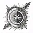 A detailed blackwork tattoo of a compass surrounded by trees and stars tattoo design idea